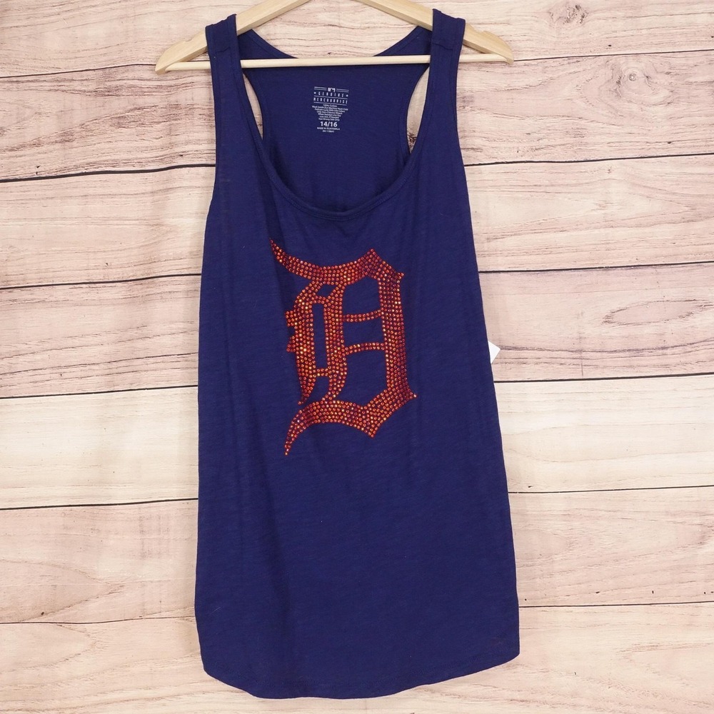 New! Detroit Tigers Shirt Womens 14/16 Blue Rhinestone MLB Genuine Merchandise